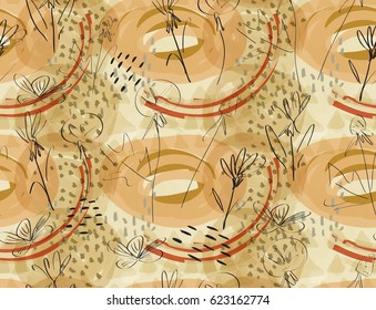 Roughly sketched dandelion flower brown.Creative abstract colorful seamless pattern.Universal bright background for greeting cards, invitations. Had drawn ink and marker texture.
