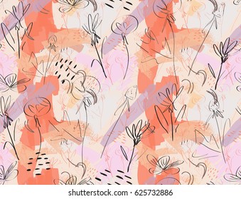 Roughly sketched dandelion flower pink orange.Creative abstract colorful seamless pattern. Tribal ethnic motives. Universal bright background for greeting cards, invitations. Had drawn marker texture.
