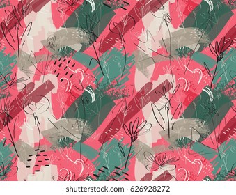 Roughly sketched dandelion flower pink green.Creative abstract colorful seamless pattern. Universal bright background for greeting cards, invitations. Had drawn ink and marker texture.