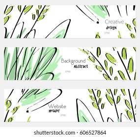 Roughly sketched trees and grass white banner set.Hand drawn textures creative abstract design. Website header social media advertisement sale brochure templates. Isolated on layer