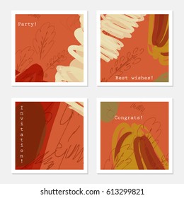 Roughly sketched trees on brown.Hand drawn creative invitation greeting cards. Poster, placard,  design templates. Anniversary, Birthday, wedding, party cards set of 4. Isolated on layer.