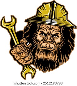 roughneck bigfoot mascot holding wrench and wearing hard hat 