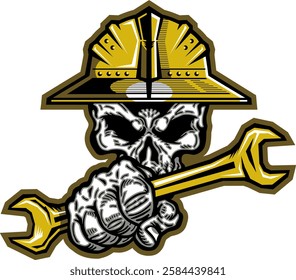 roughneck skull mascot holding wrench and wearing hard hat