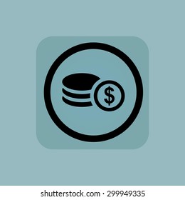 Rouleau of dollar coins in circle, in square, on pale blue background