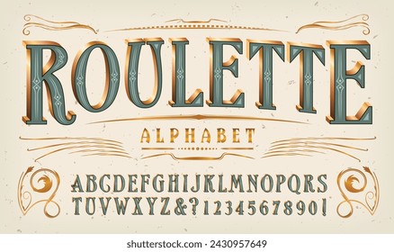 Roulette alphabet; an elegant tall lettering style in sage green and metallic gold tones.