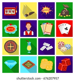 Roulette, cards, croupier, alcohol, and other attributes. Casino and gambling set collection icons in flat style vector symbol stock illustration web.