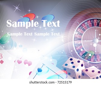 Roulette, cards, dice on a  abstract sparkling background