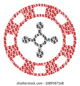 Roulette casino chip collage of dollar symbols and spheric points. Vector dollar currency icons are grouped into roulette casino chip illustration.