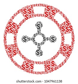 Roulette Casino Chip composition of dollars. Vector dollar icons are composed into roulette casino chip collage.