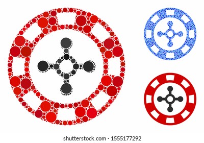 Roulette casino chip composition of small circles in various sizes and color tones, based on roulette casino chip icon. Vector filled circles are organized into blue composition.