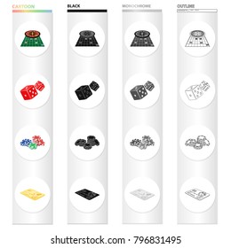 Roulette in the casino, dice, chips, gold credit card. Casino set collection icons in cartoon black monochrome outline style vector symbol stock illustration isometric web.