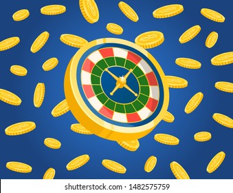 Roulette casino equipment, fortune element on background with gold coins. Cover of gambling entertainment with golden currency, spinning wheel and rich money. Vector illustration in flat cartoon style