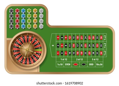 Roulette casino table. Top view.Vector realistic casino roulette table, wheel and chips. (view from above) 