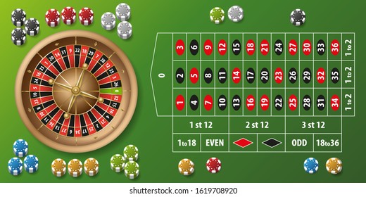 Roulette Casino Table. Top View.Vector Realistic Casino Roulette Table, Wheel And Chips. (view From Above) 