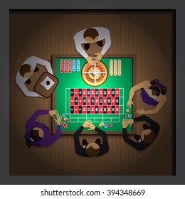 Roulette at the casino. View from above. Vector illustration. Applique with realistic shadows.