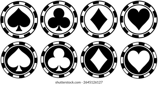Roulette chips with card suit logos in black and white and white and black, betting or gambling element