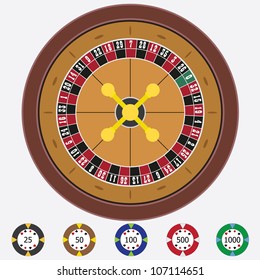 Roulette with chips on the white background.