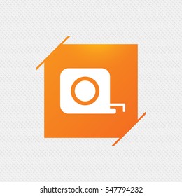 Roulette construction sign icon. Tape measure symbol. Orange square label on pattern. Vector