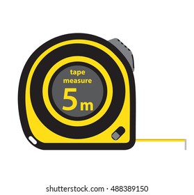 Roulette construction tool, yellow measure tape, in flat vector style.