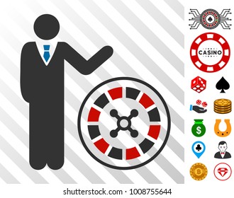 Roulette Croupier pictograph with bonus casino design elements. Vector illustration style is flat iconic symbols. Designed for casino ui.