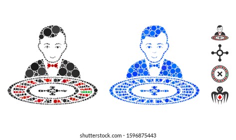 Roulette dealer composition of spheric dots in variable sizes and color tinges, based on roulette dealer icon. Vector round dots are grouped into blue composition.