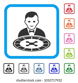 Roulette Dealer icon. Flat grey pictogram symbol inside a blue rounded rectangle. Black, grey, green, blue, red, orange color additional versions of roulette dealer vector.