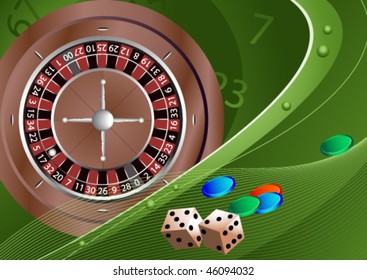 Roulette, dice, chips. Gambling. Vector background.
