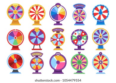 Roulette fortune spinning wheels flat icons casino money games - bankrupt or lucky vector elements. Set of fortune, wheel for casino, success game roulette illustration