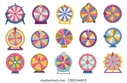 Roulette fortune spinning wheels flat icon, gambling games automats. Set of fortune, wheel for casino, success game roulette vector illustration. Bankrupt or lucky gamble, leisure games