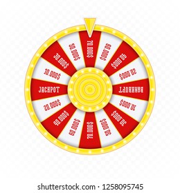 Roulette or fortune wheel isolated on transparent background. Gambling and lottery win concept. Wheel of Fortune for game and win jackpot. Color Lucky Wheels Template. Vector illustration EPS 10.