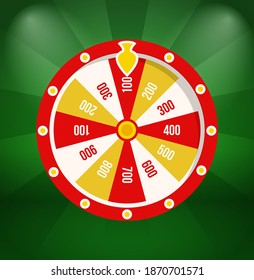 Roulette or fortune wheel round device with stakes isolated on green. Vector risk and stakes, gambling games leisure and entertainment, pointer on rotating circle