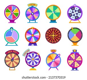 Roulette fortune wheels. Prize roulette wheel, lucky circle and lottery game spins. Casino gaming elements, isolated win jackpot chance, exact vector set