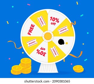 Roulette full of coupons and discount events illustration set. Betting, jackpot, dart, target, and win. Vector drawing. Hand drawn style.