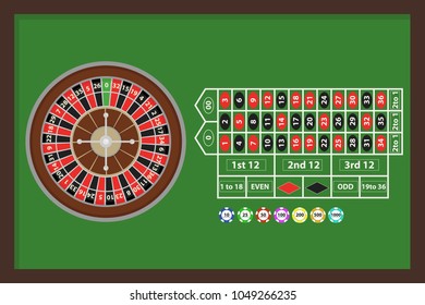Roulette, a game of roulette with chips. Game table in the casino with roulette and chips. Flat design, vector illustration, vector.
