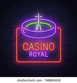 Roulette game neon sign. Neon sign. Casino logo, emblem and label. Bright signboard, light banner. 