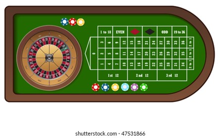 Roulette game table with colorful chips for online casino, vector