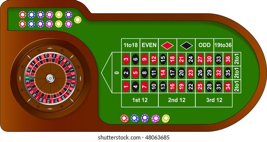 Roulette game table with colorful chips for online casino, vector