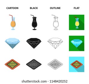 Roulette, a glass with a drink, a diamond, a sign with the inscription Casino. Casino and gambling set collection icons in cartoon,black,outline,flat style vector symbol stock illustration web.