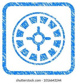 Roulette grunge textured icon inside rounded frame for overlay watermark imitations. Flat symbol with dirty texture. Framed vector blue rubber seal stamp with grunge design of roulette.