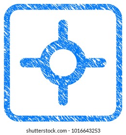 Roulette grunge textured icon inside rounded square for overlay watermark imitations. Flat symbol with unclean texture. Framed vector blue rubber seal stamp with grunge design of roulette.