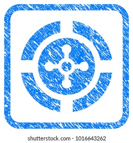 Roulette grungy textured icon inside rounded rectangle for overlay watermark imitations. Flat symbol with unclean texture. Framed vector blue rubber seal stamp with grunge design of roulette.