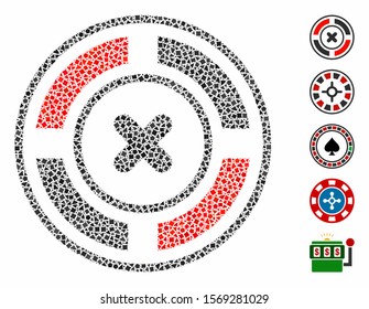 Roulette icon composition of humpy items in various sizes and color tinges, based on roulette icon. Vector inequal items are organized into composition. Roulette icons collage with dotted pattern.