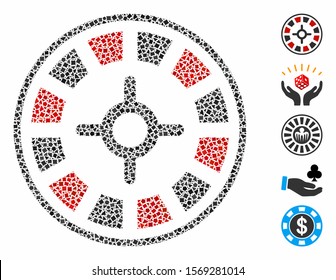Roulette icon composition of ragged items in various sizes and color tinges, based on roulette icon. Vector rough items are composed into collage. Roulette icons collage with dotted pattern.