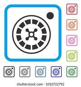 Roulette icon. Flat gray pictogram symbol inside a blue rounded rectangular frame. Black, gray, green, blue, red, orange color additional versions of roulette vector.