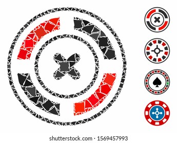 Roulette icon mosaic of irregular items in variable sizes and color hues, based on roulette icon. Vector unequal items are organized into illustration. Roulette icons collage with dotted pattern.