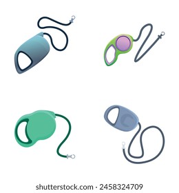 Roulette leash icons set cartoon vector. Roulette for control safety pet. Animal accessory for outdoor walk