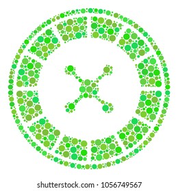 Roulette mosaic of filled circles in variable sizes and green color hues. Vector dots are united into roulette illustration. Eco design concept.