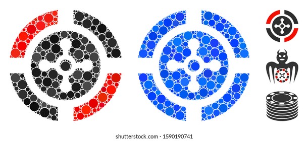 Roulette mosaic of round dots in different sizes and color tones, based on roulette icon. Vector round dots are united into blue mosaic. Dotted roulette icon in usual and blue versions.