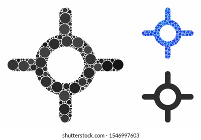 Roulette mosaic of small circles in different sizes and color tinges, based on roulette icon. Vector small circles are organized into blue mosaic. Dotted roulette icon in usual and blue versions.