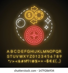 Roulette neon light concept icon. Online gambling idea. Casino, game of chance. Betting, fortune wheel. Vegas entertainment. Glowing sign with alphabet, numbers, symbols. Vector isolated illustration